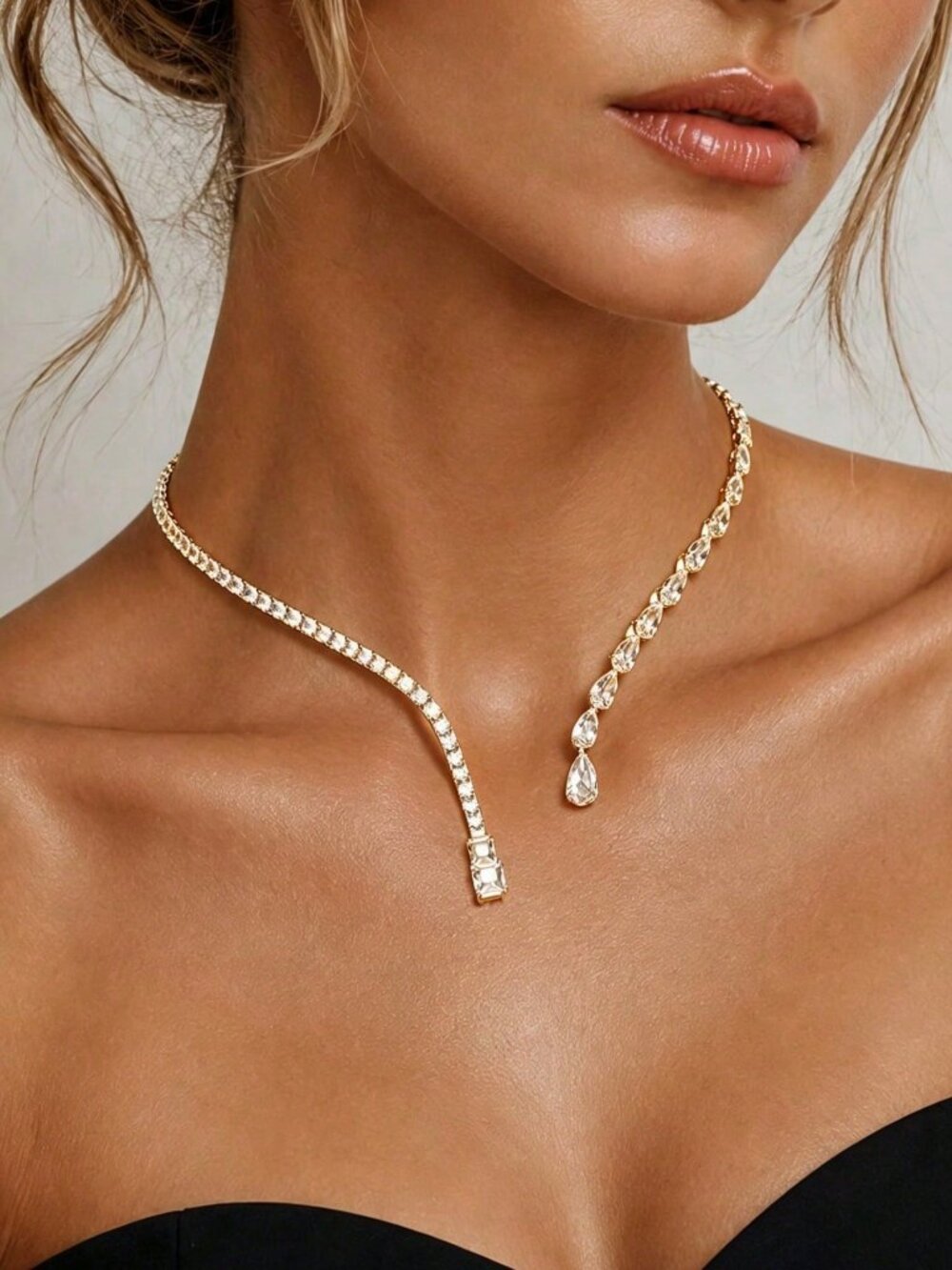 Gold Elegant Women's Rhinestone Water Drop Open Teardrop Choker Necklace